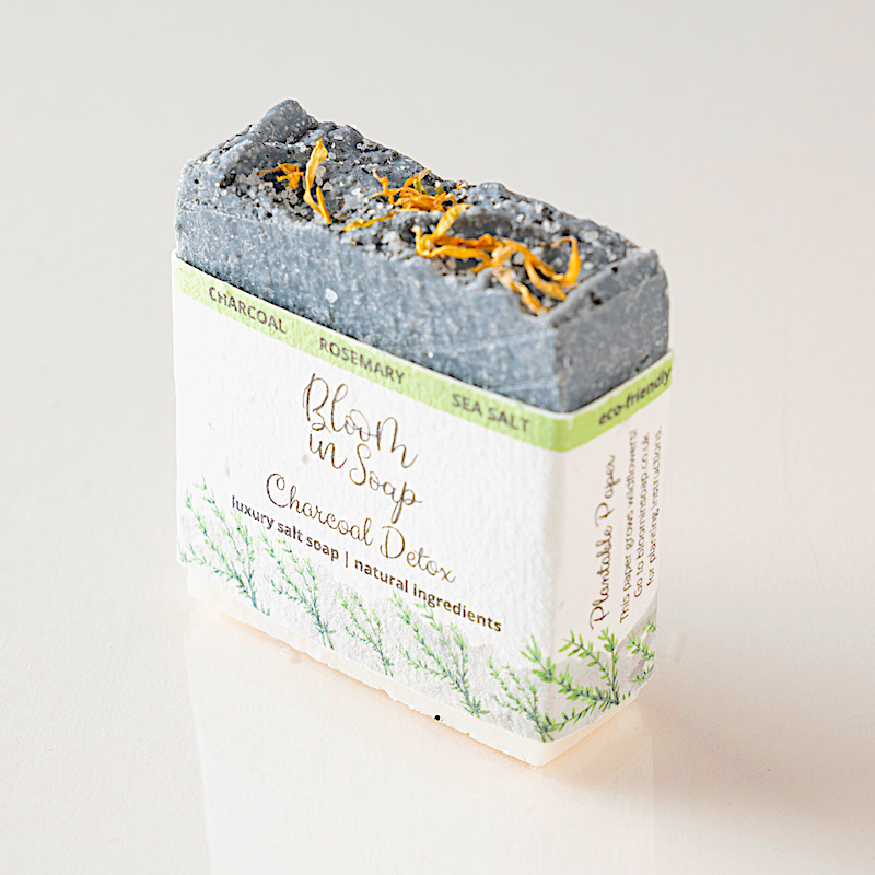 a bar of salt soap with activated charcoal