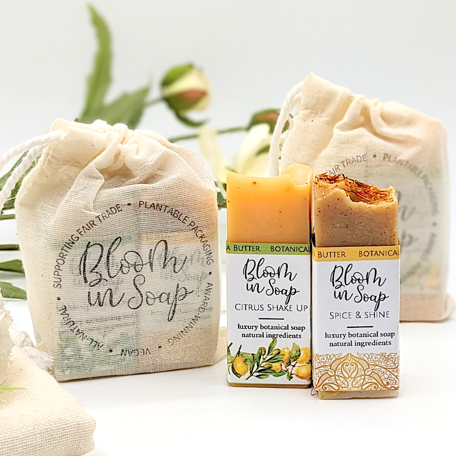 Mini linen gift bag with two bars of handmade soap
