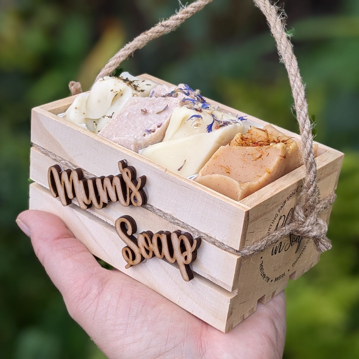 Wooden crate for mum's soap with handmade soap bars