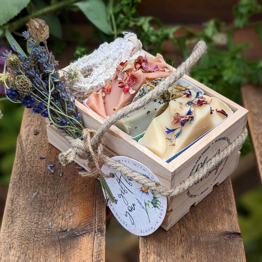 Wooden crate with natural soaps