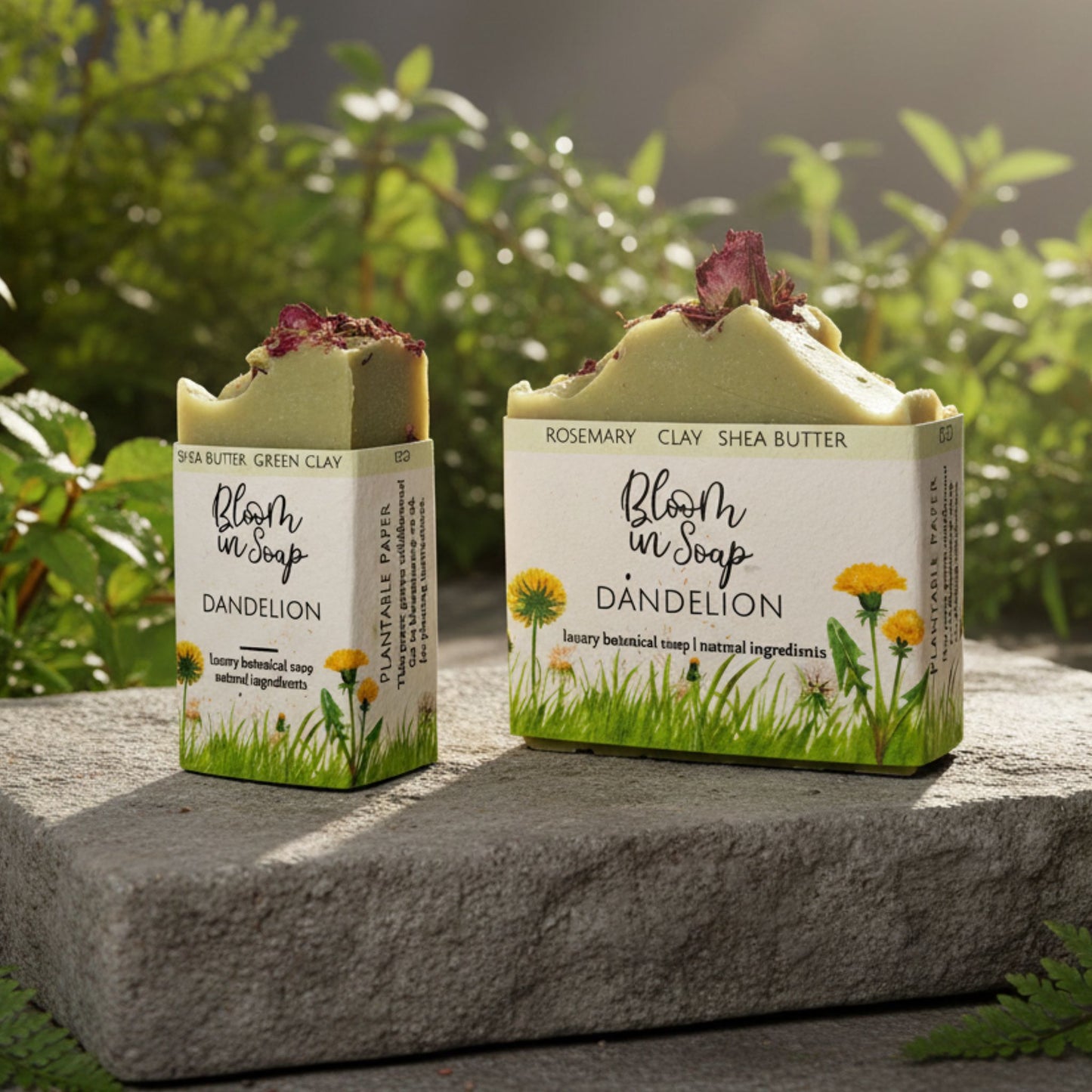 Two bars of dandelion soap with packaging on a stone surface outdoors.