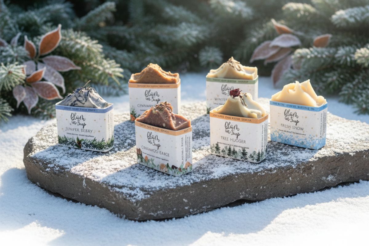 Bars of natural soap on a stone surface with snow and trees in the background