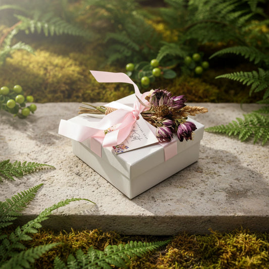 White gift box with flowers and a pink ribbon on a stone surface with green foliage.