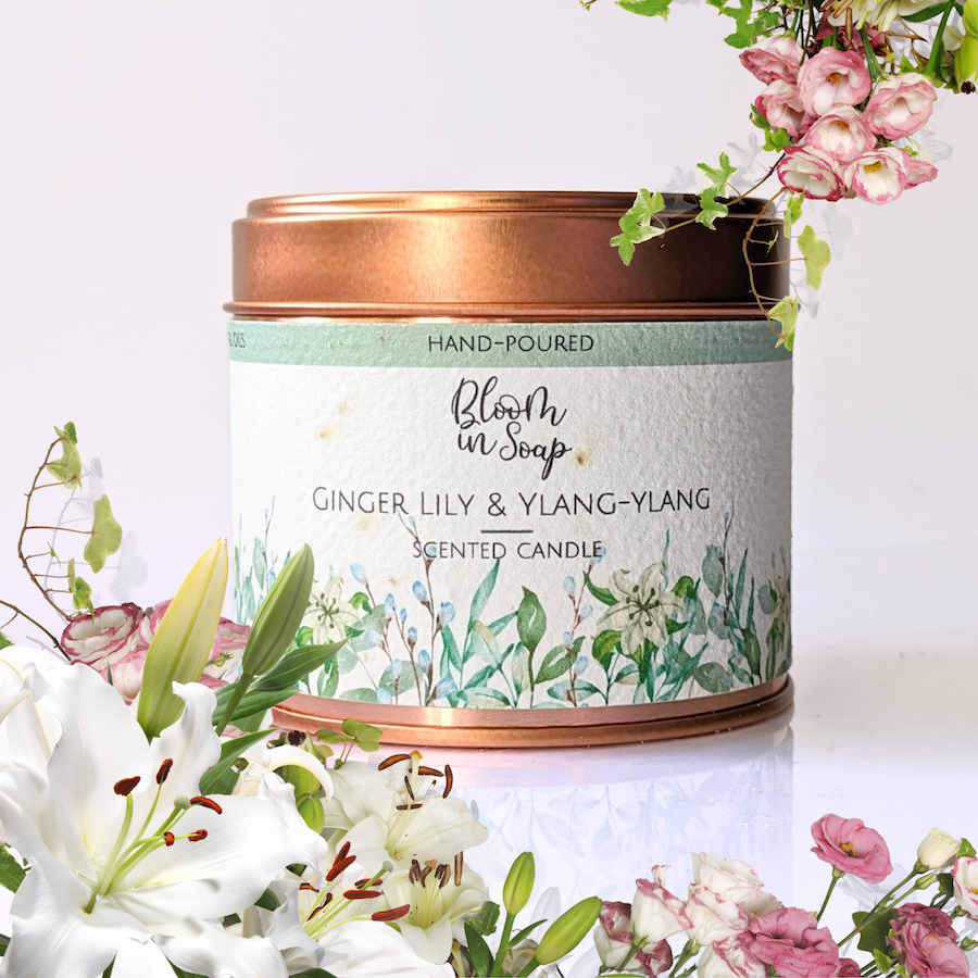Ginger Lily and Ylang-ylang scented candle in a rose gold tin with lillies