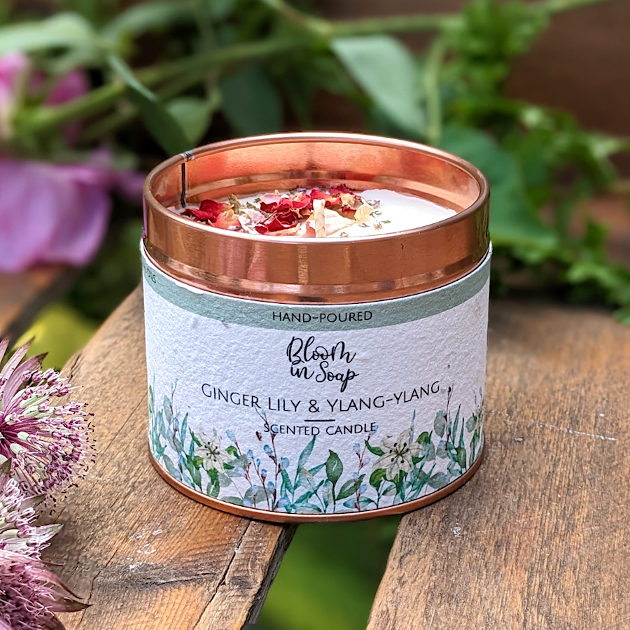 Ginger Lily aromatherapy candle in a rose gold tin from Bloom In Soap