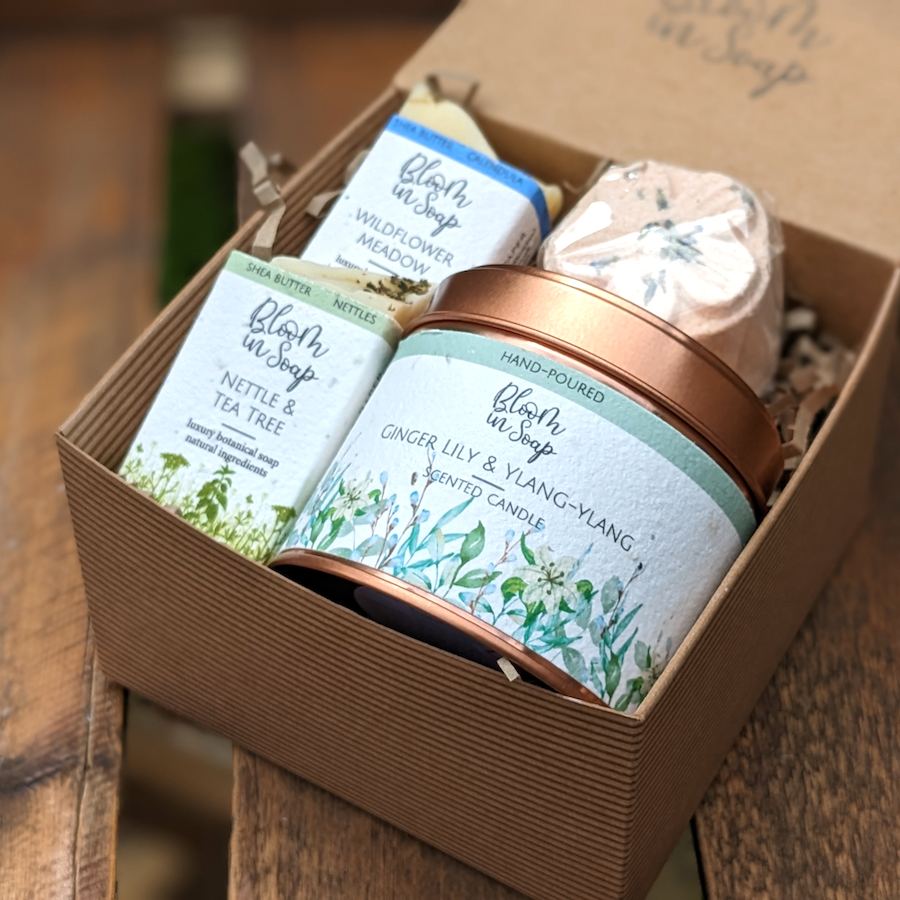 Ginger Lily Pamper gift box with a candle, two soap bars and a shower steamer