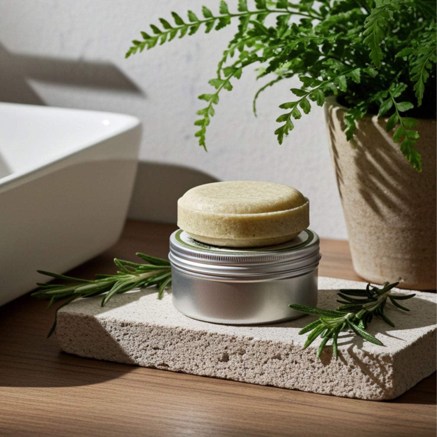 Bar of shampoo in a metal container on a stone surface with greenery in the background