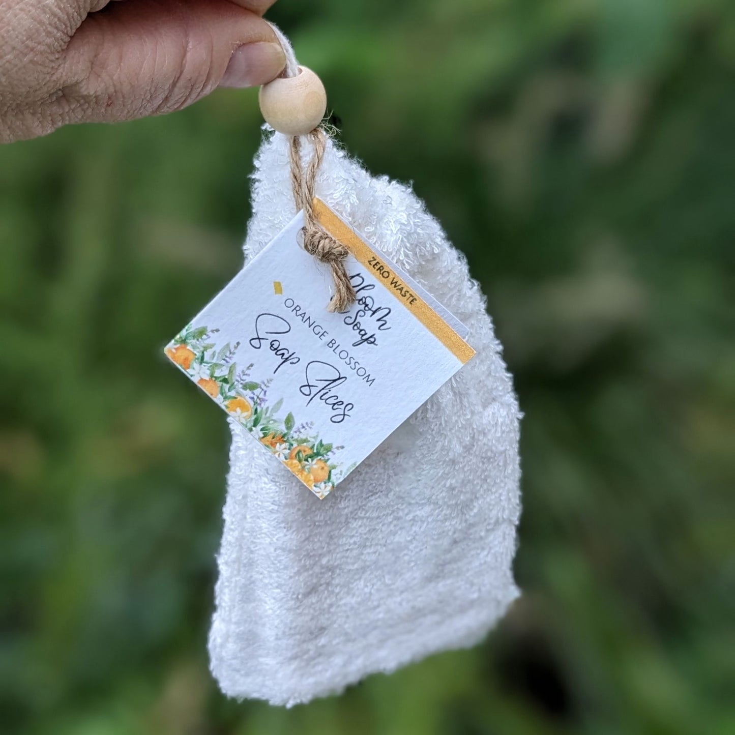Bamboo wash bag with Orange Blossom soap slices