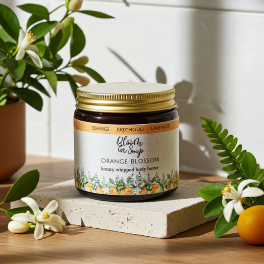 Orange Blossom body butter on a stone with orasnge blossom. in the background