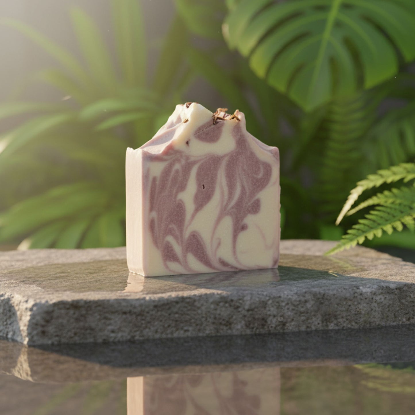 Marbled soap bar on a stone surface with a natural background