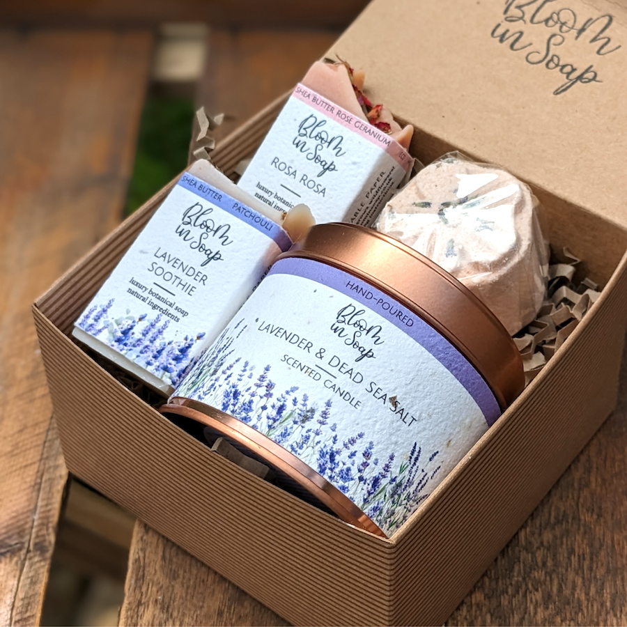 Pamper gift box with lavender candle, shower steamer and two soap bars
