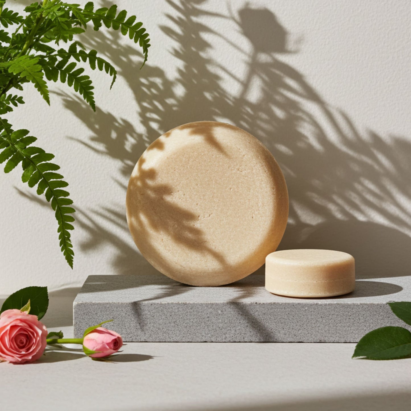 Two round pink shampoo bars on a gray stand with pink roses and green leaves in the background
