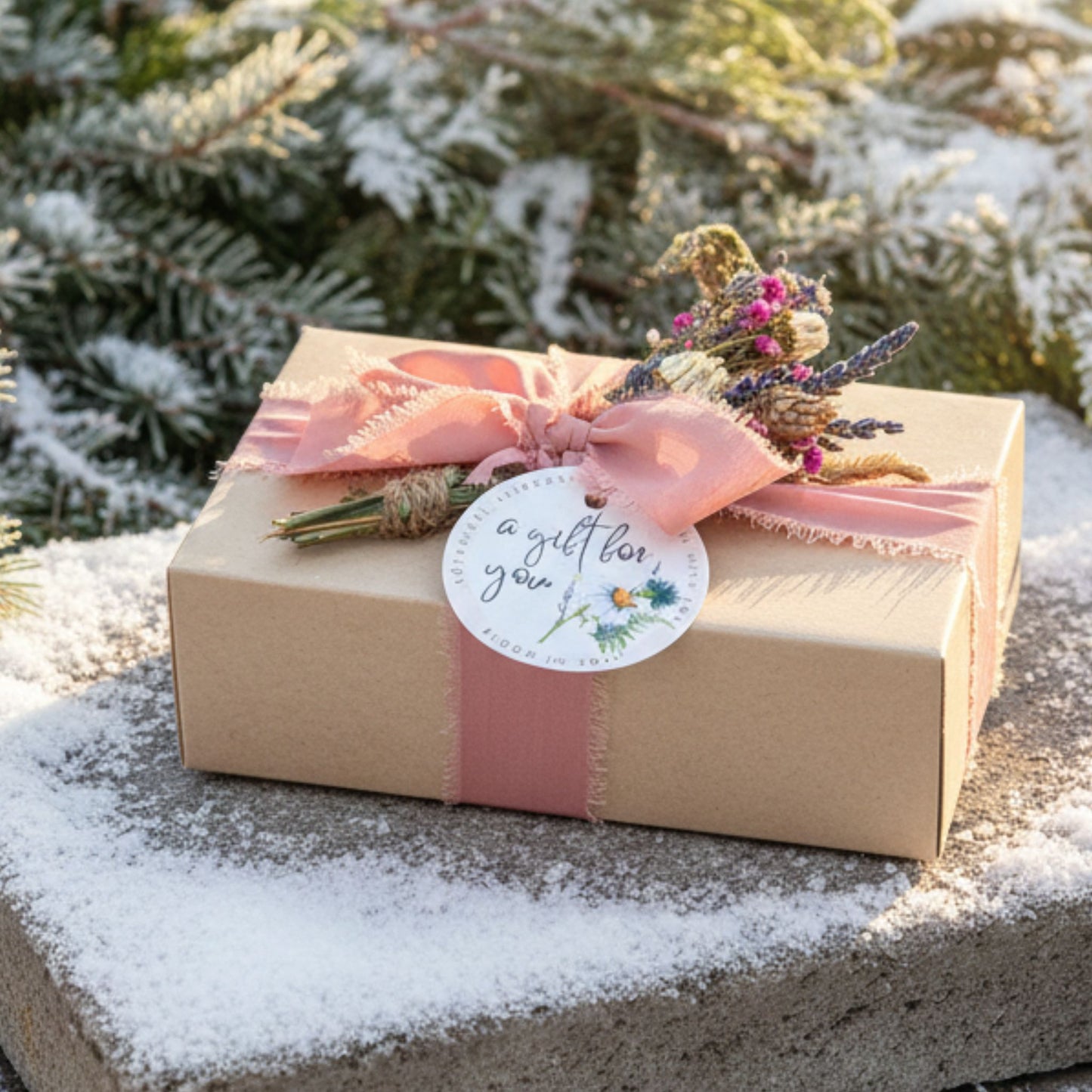 Gift box with pink ribbon and floral arrangement on a snowy surface