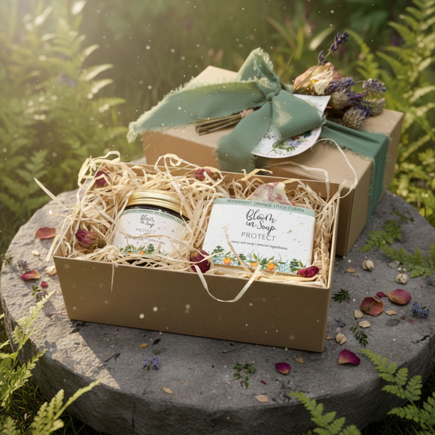 Gift set with hand cream, soap, and card in a decorative box outdoors