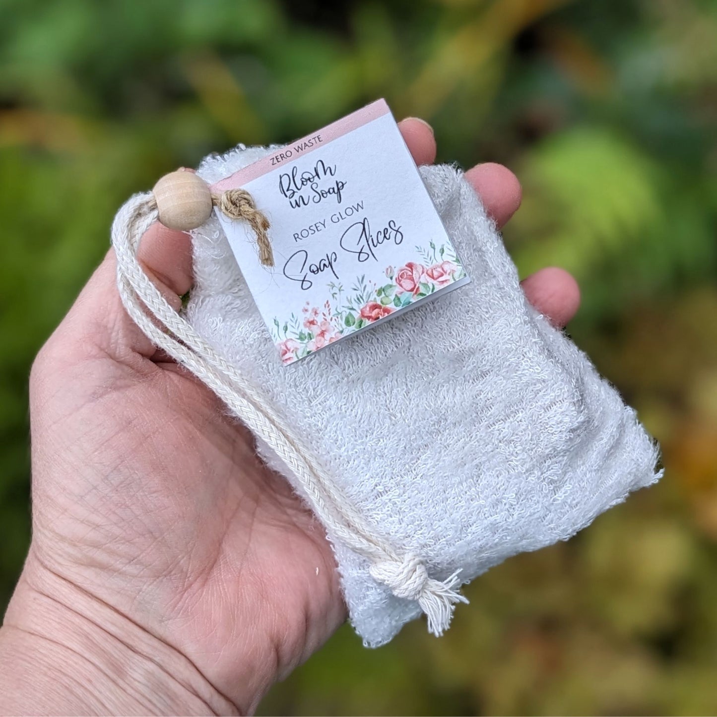 Bamboo wash bag with Rosey Glow soap slices
