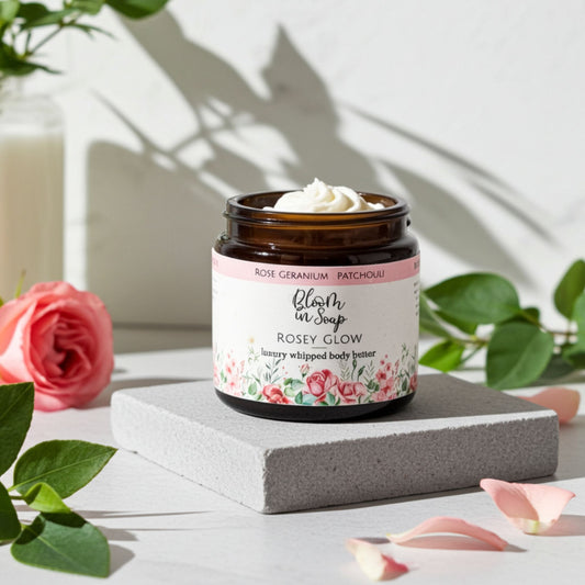 Jar of 'Rosey Glow' body butter with floral design on a light background