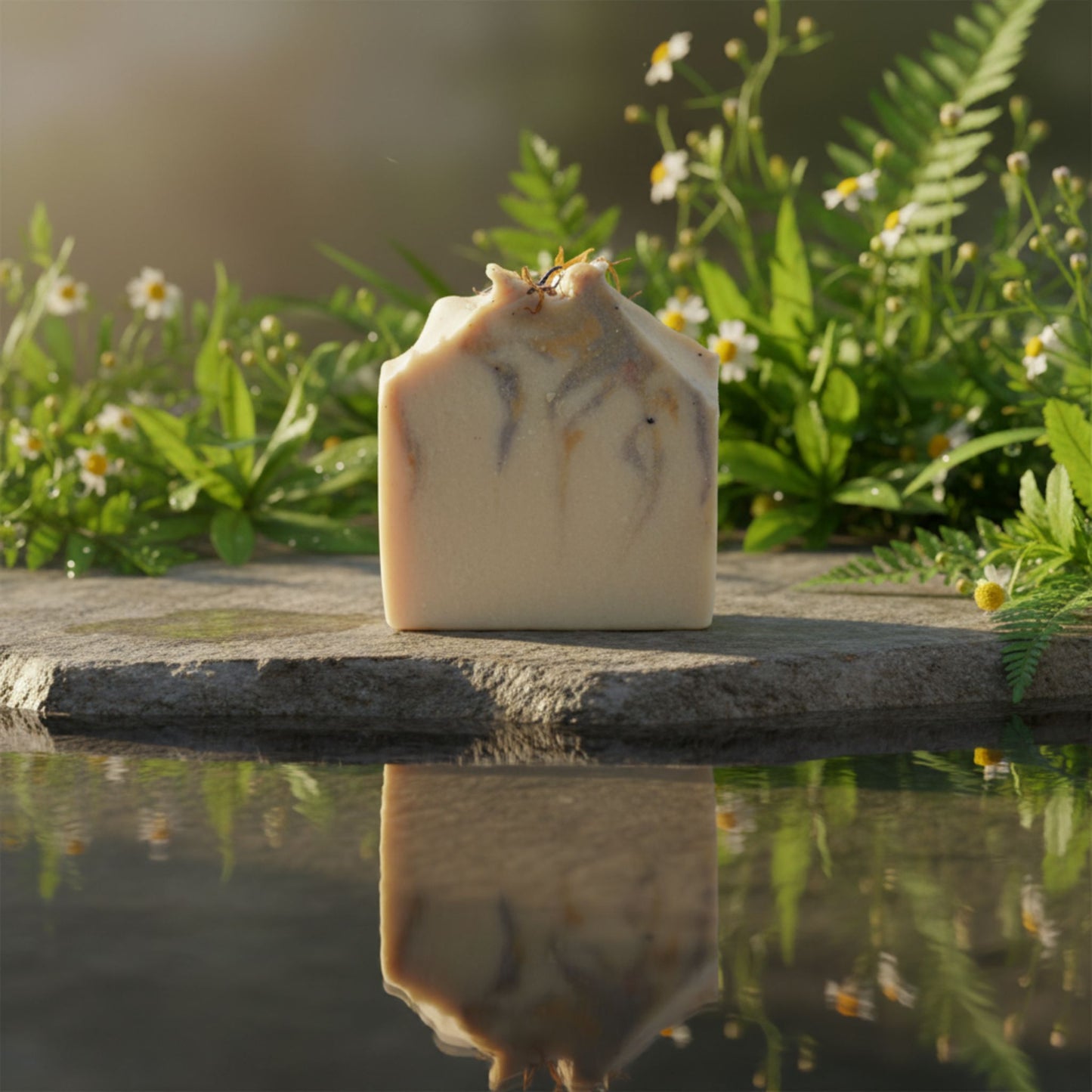 Bar of soap with a pretty design on a stone surface surrounded by greenery and water.