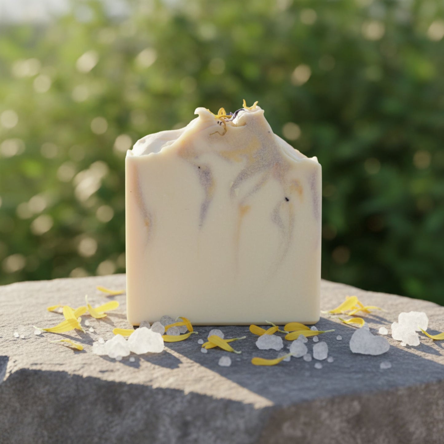 Handmade soap bar with natural elements on a stone surface with a blurred green background