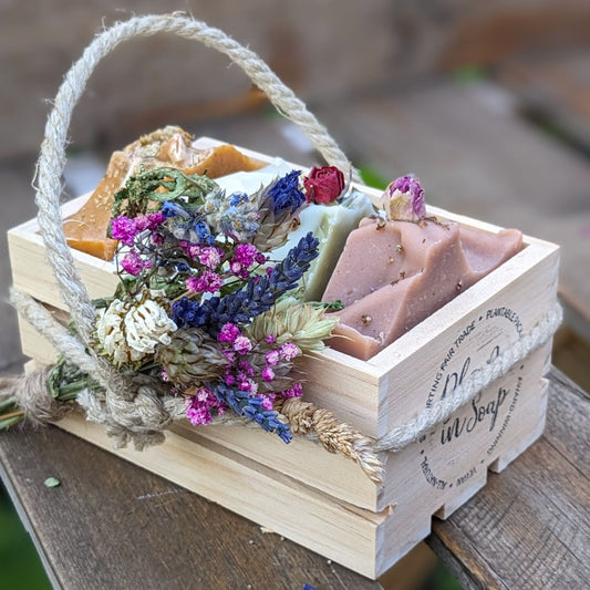 Wooden crate with handmade soaps