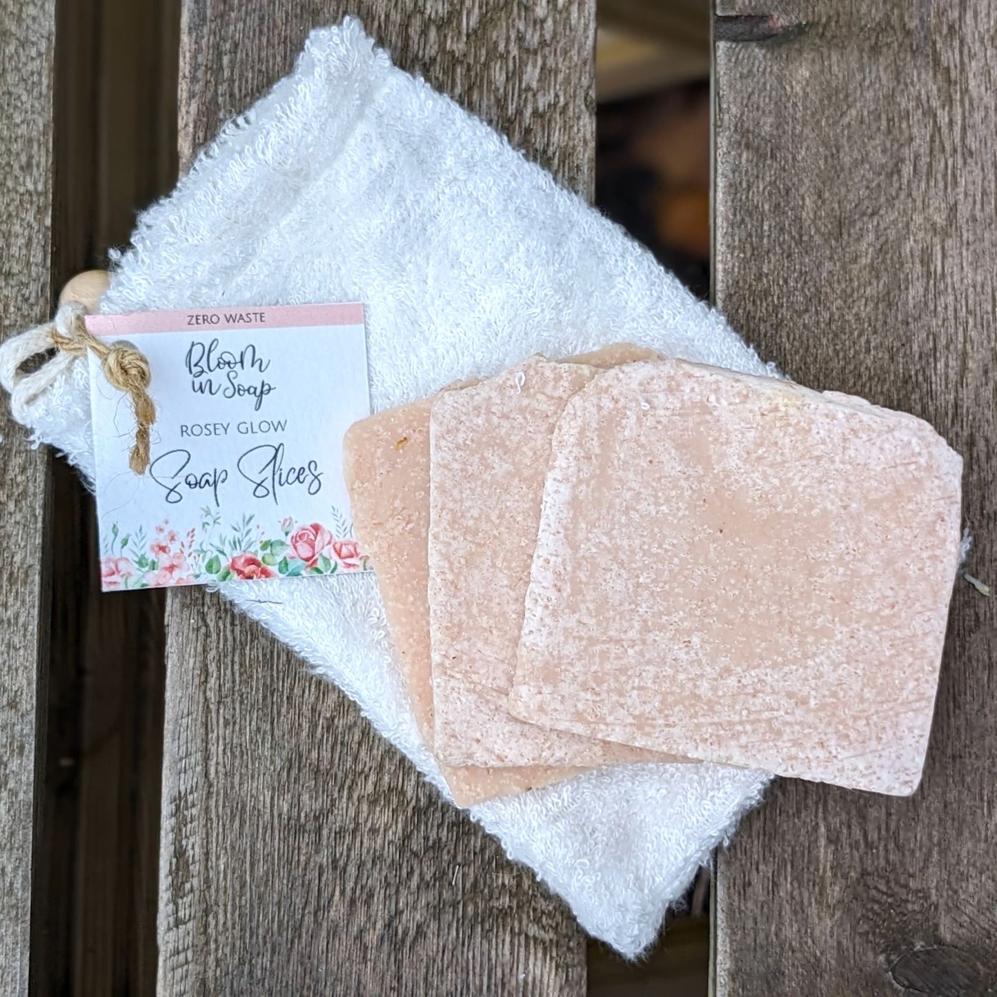 Bamboo wash bag with pink rose soap slices