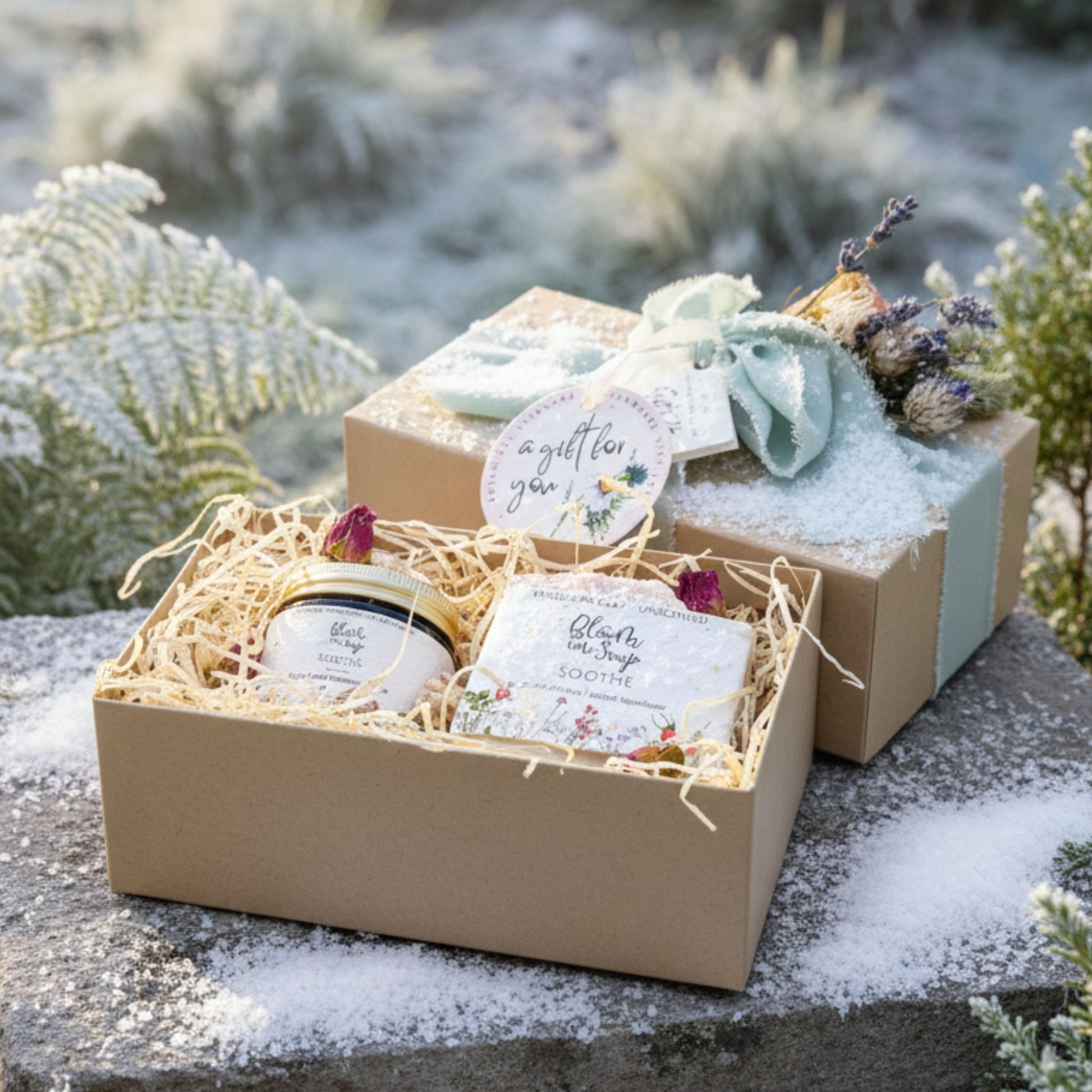 Gift set with hand cream and soap in a decorative box on a snowy surface