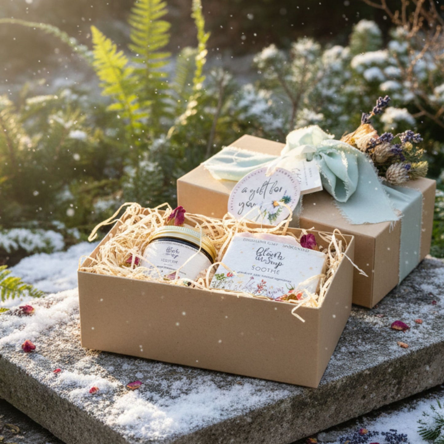 Luxury gift box with soap and hand cream, wrapped in ribbon with greenery in the background