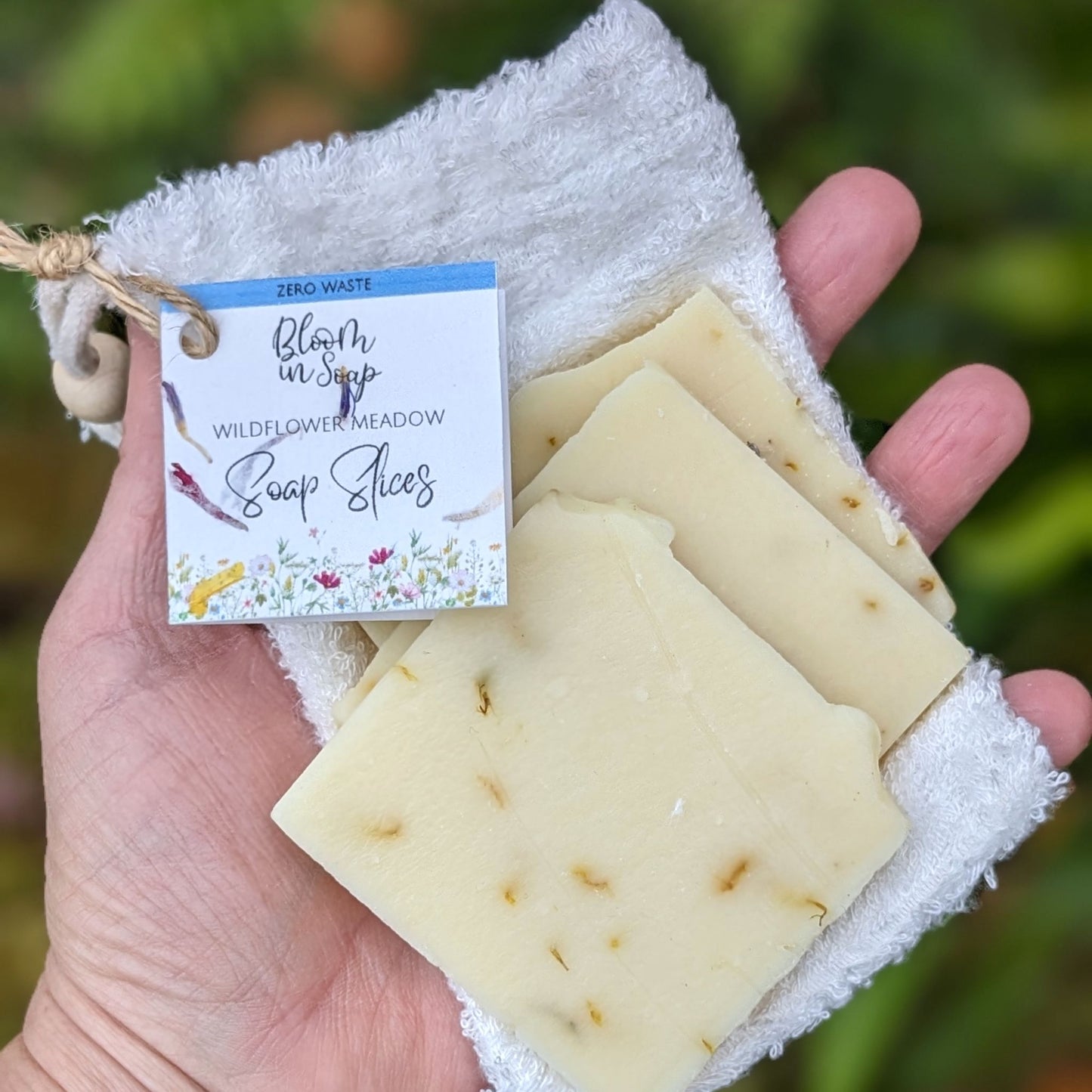 Bamboo wash bag with wildflower meadow soap slices