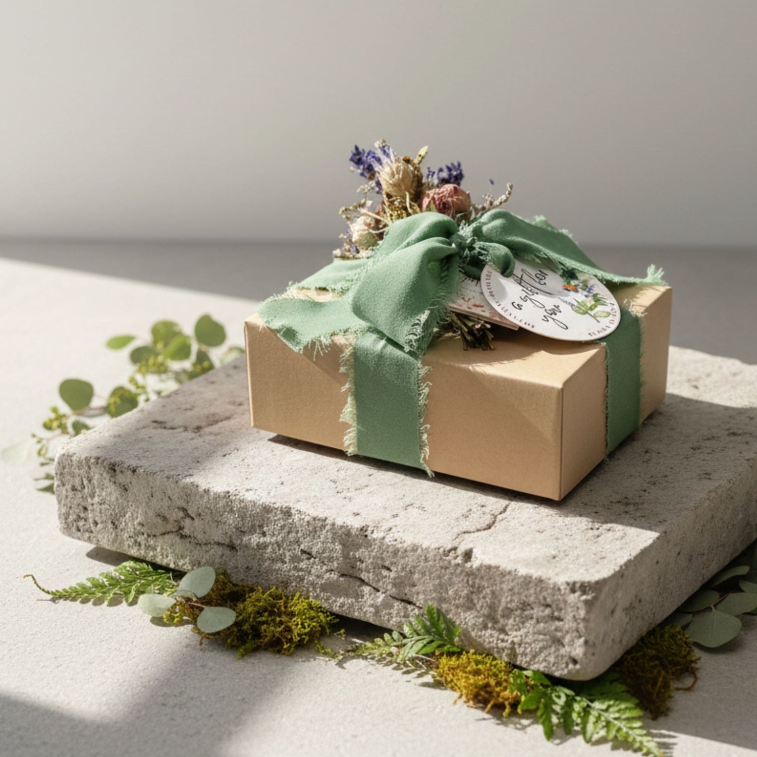 Gift box with green ribbon and decorative elements on a stone surface with plants.