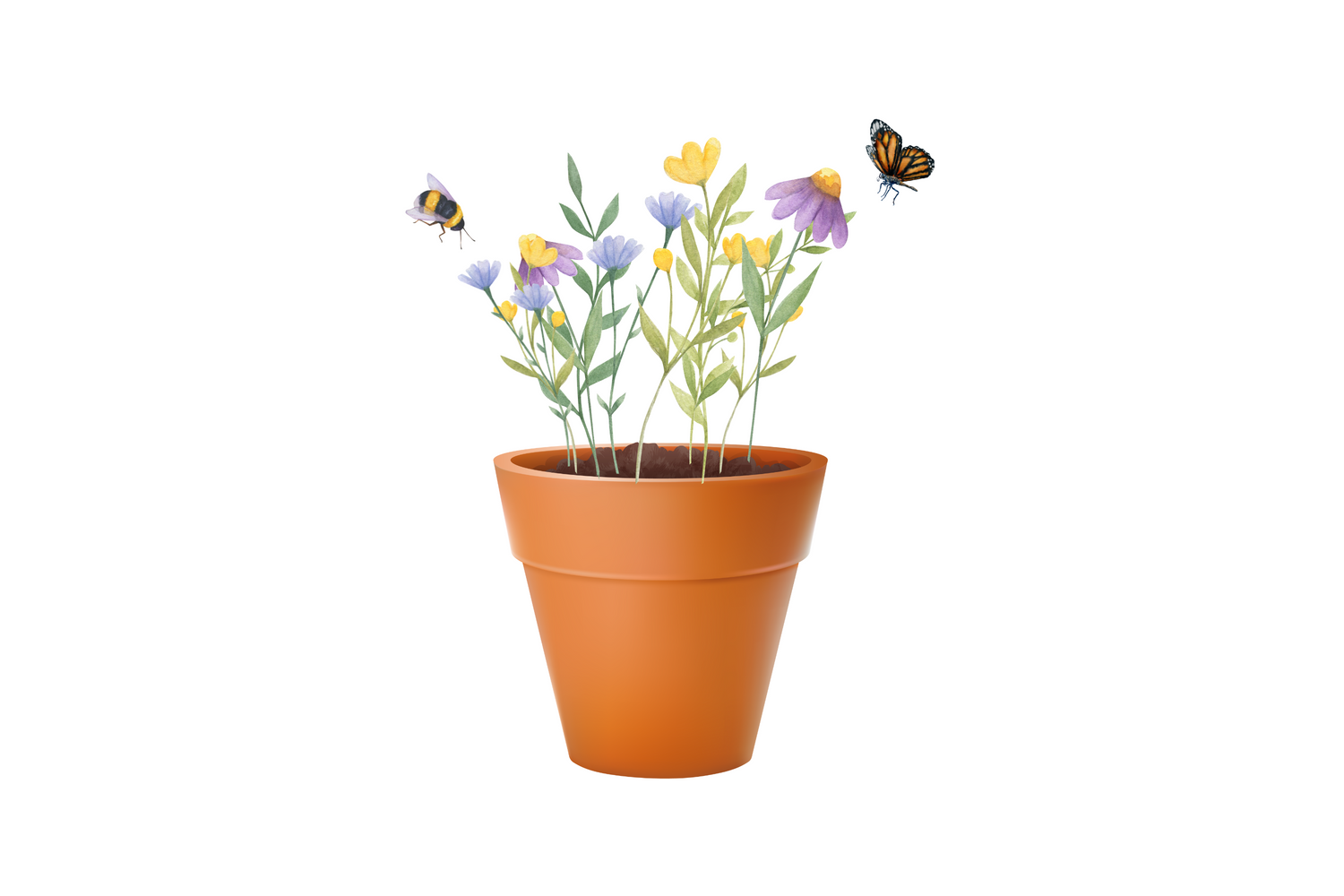 graphic of a plant pot with wildflowers and bees