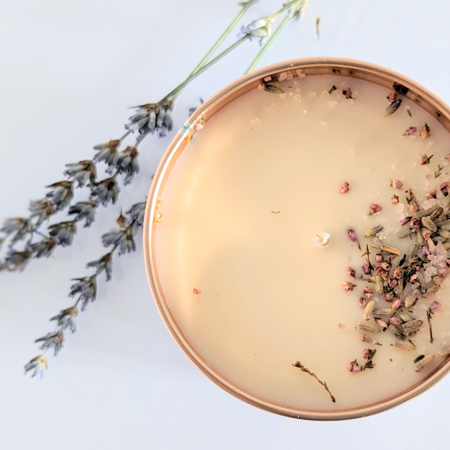 Lavender aromatherapy candle in a rose gold tin from Bloom In Soap