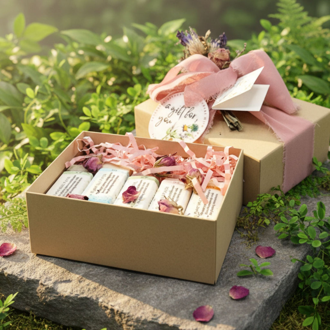 five handmade soaps in a gift box tied. with pink ribbon sitting on a stone with greenery