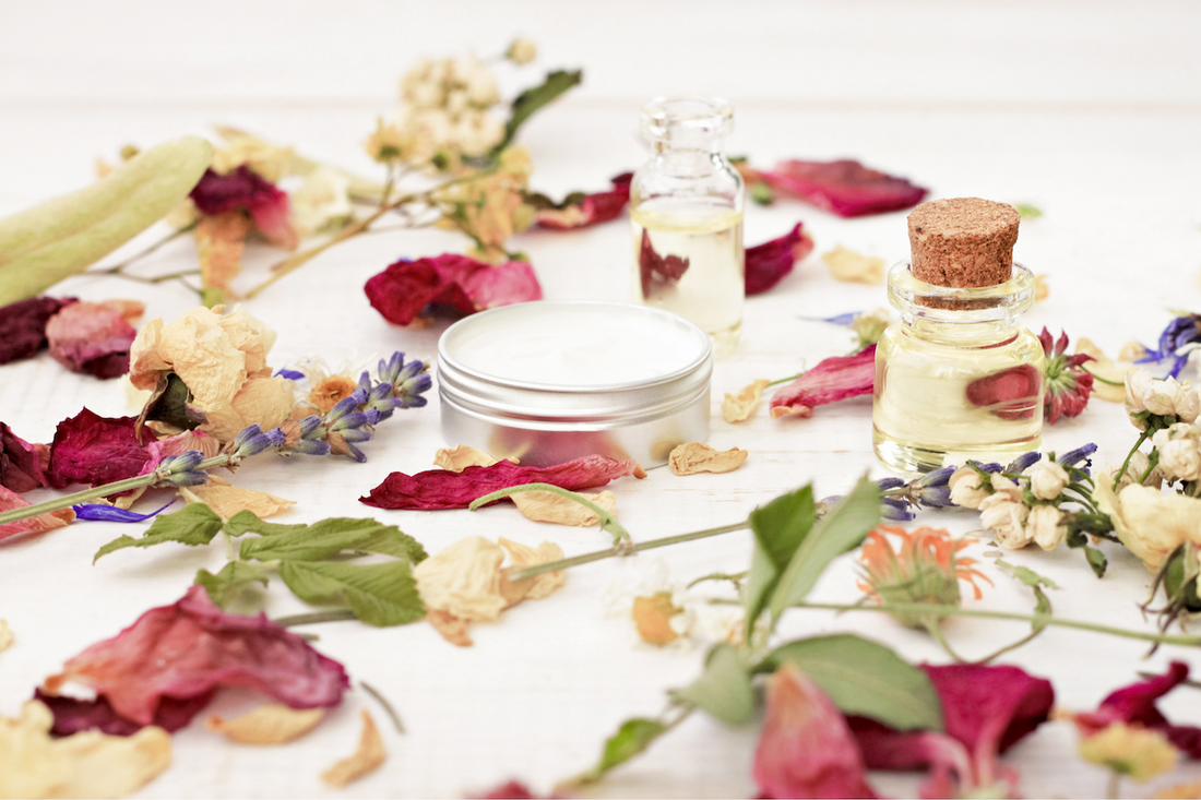 Botanical ingredients for natural skincare with roses and essential oils