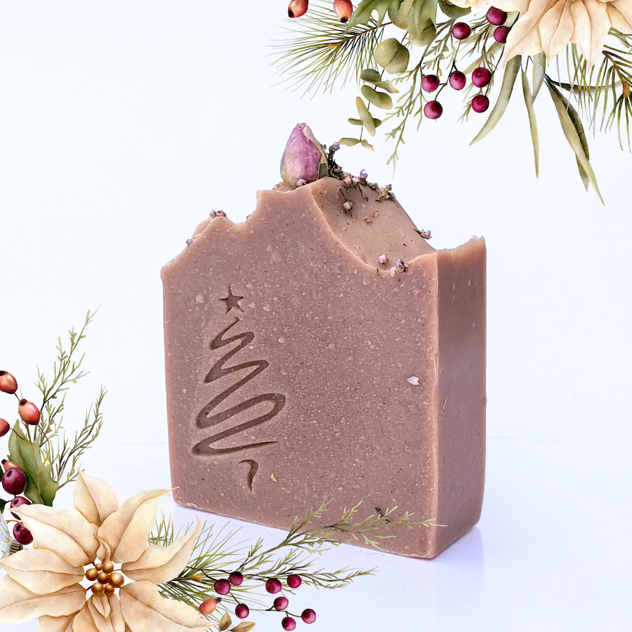 Pink soap bar with Christmas tree imprint