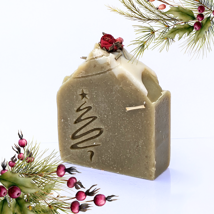 Avocado green soap bar topped with red berries