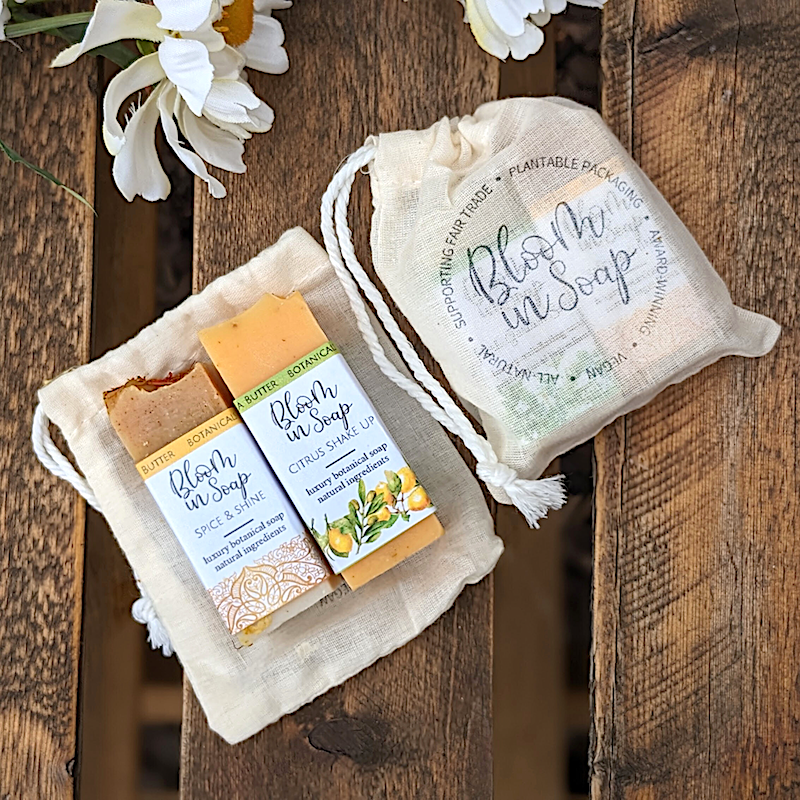 Natural soap bars in a linen gift bag from Bloom In Soap