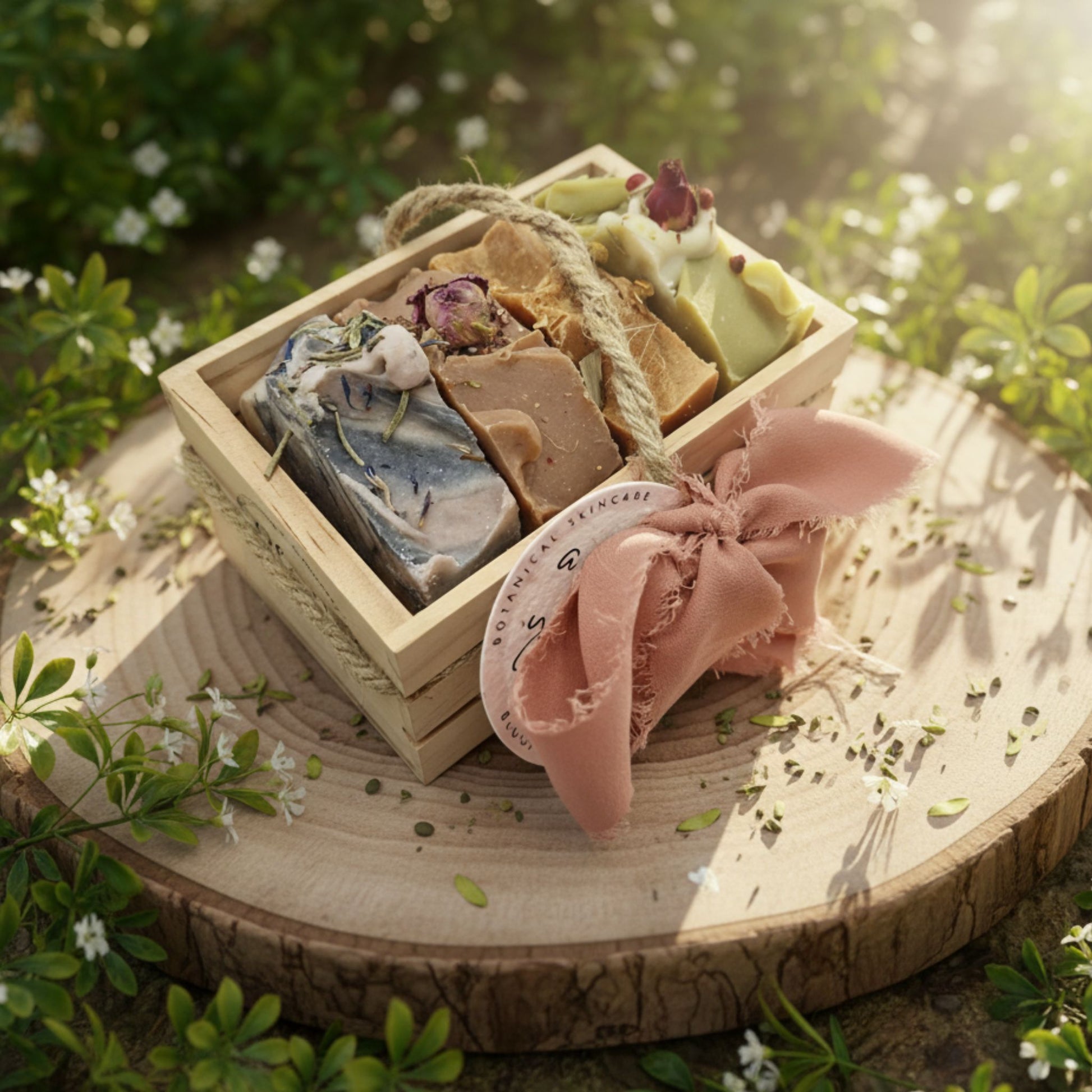 Wooden box with soap bars and a pink bow on a natural wooden surface with greenery.
