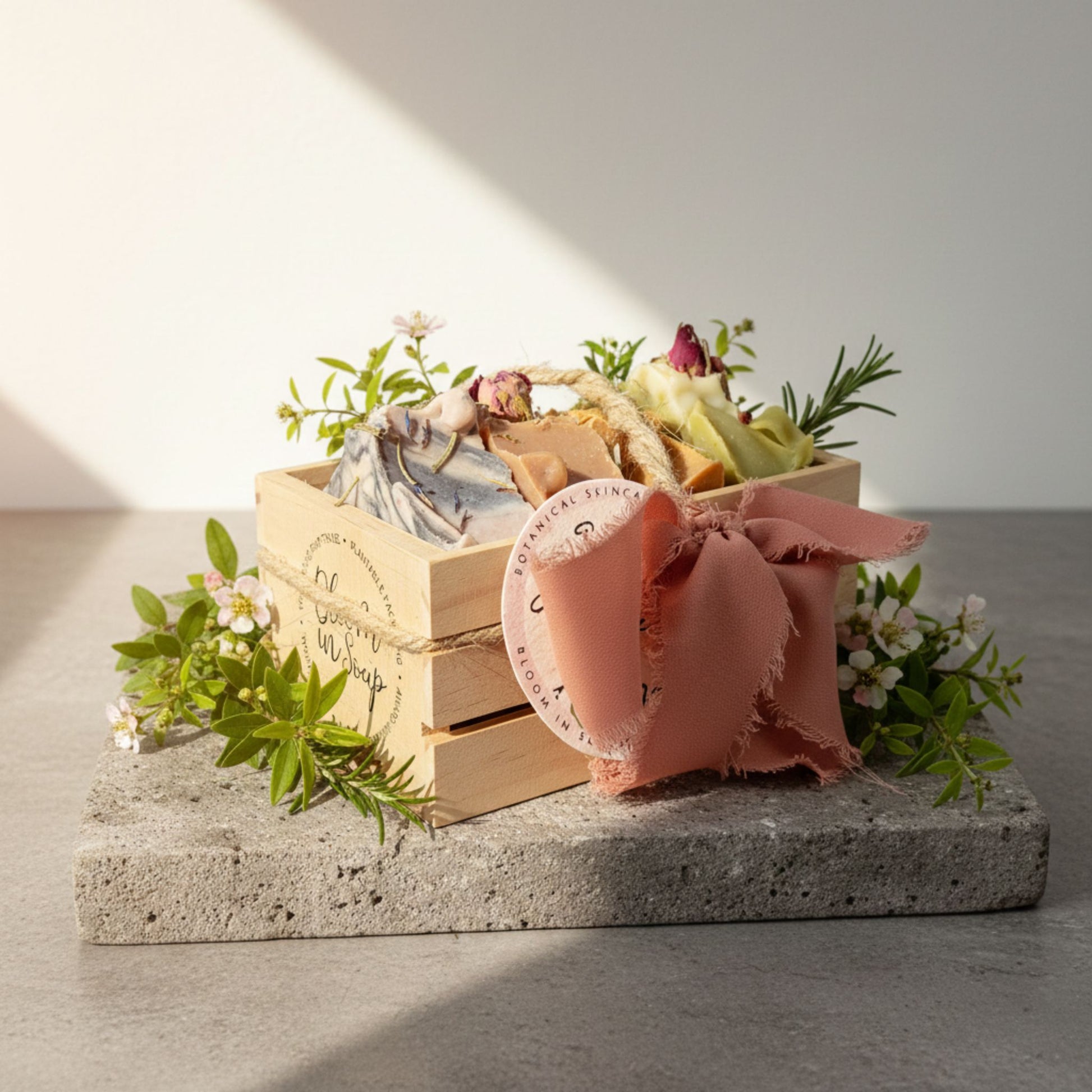 Wooden crate filled with natural soaps with flowers and a pink bow on a concrete surface