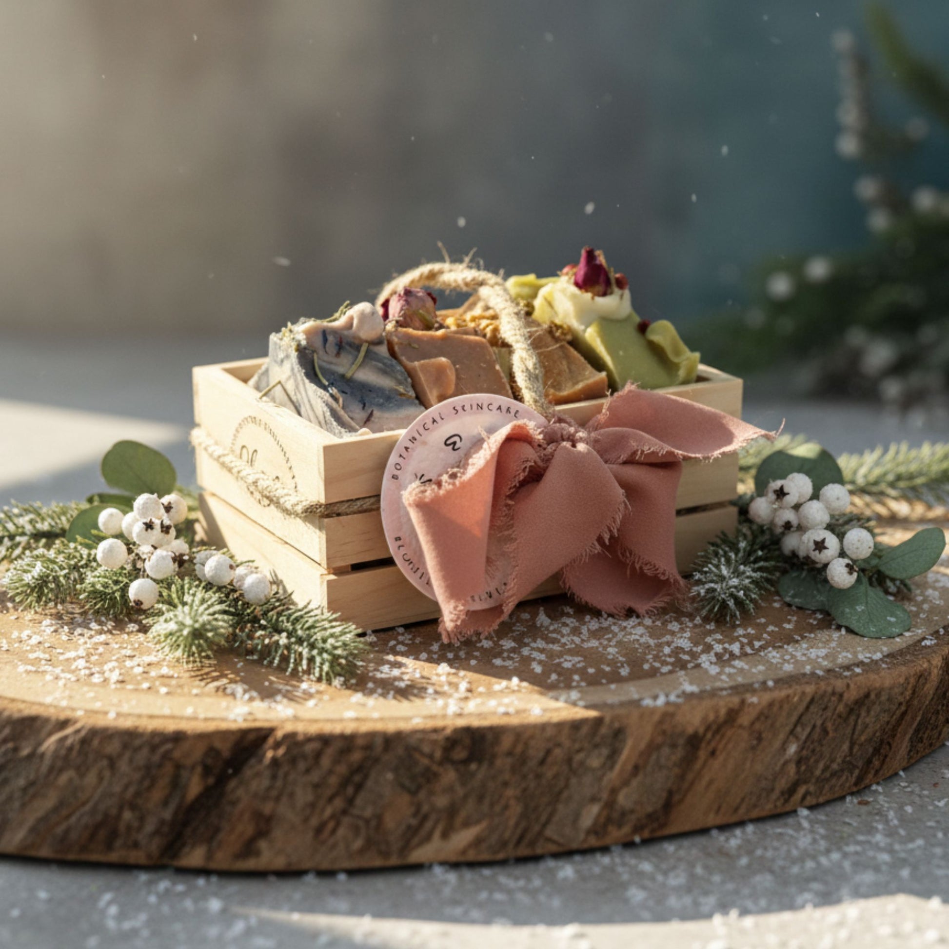 Wooden crate with natural soap bars on a wooden surface with decorative elements