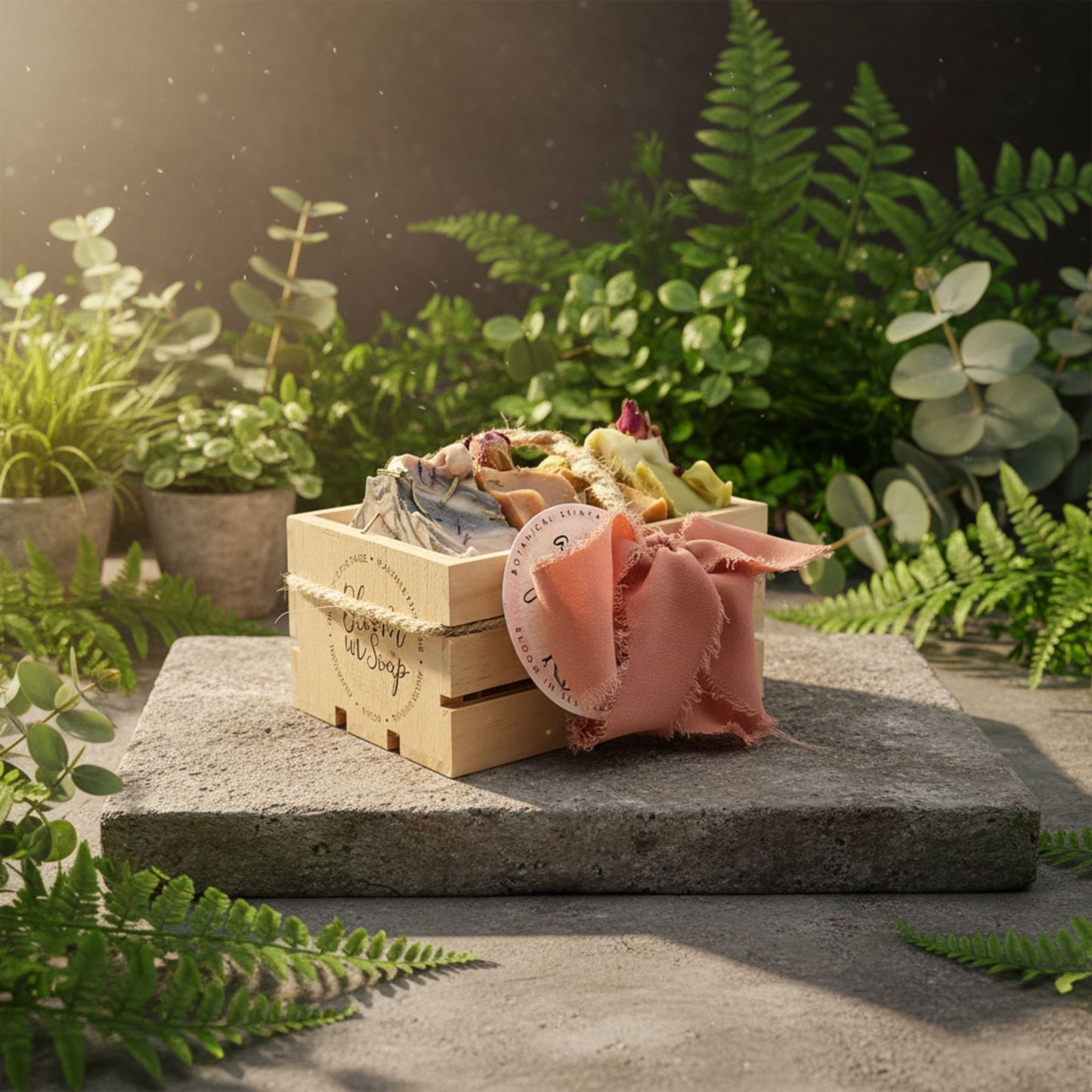 Wooden crate with handmade soaps on a stone surface surrounded by greenery