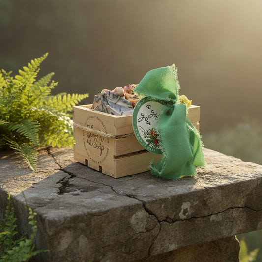Wooden crate filled with natural handmade soaps on a stone surface with plants in the background