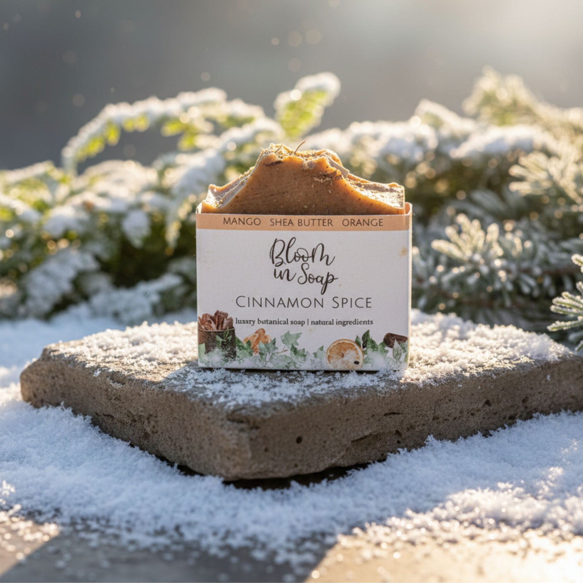 Bar of soap with packaging labeled 'Cinnamon Spice' from 'Bloom in Soap' on a snowy surface with blurred greenery in the background.