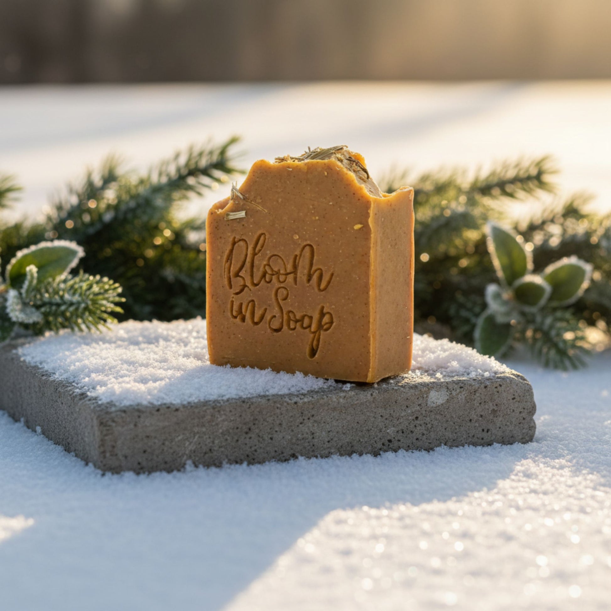 Bar of soap with 'Bloom in Soap' branding on a snowy surface with evergreen branches.