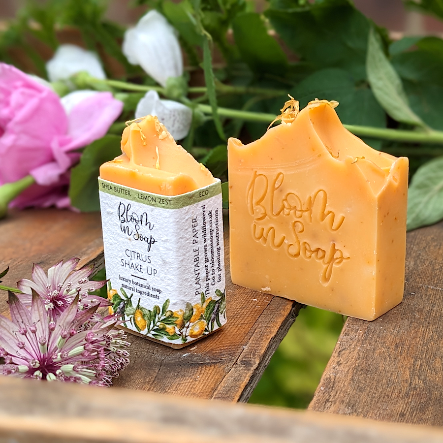 Orange citrus soap on a wooden tray with foliage