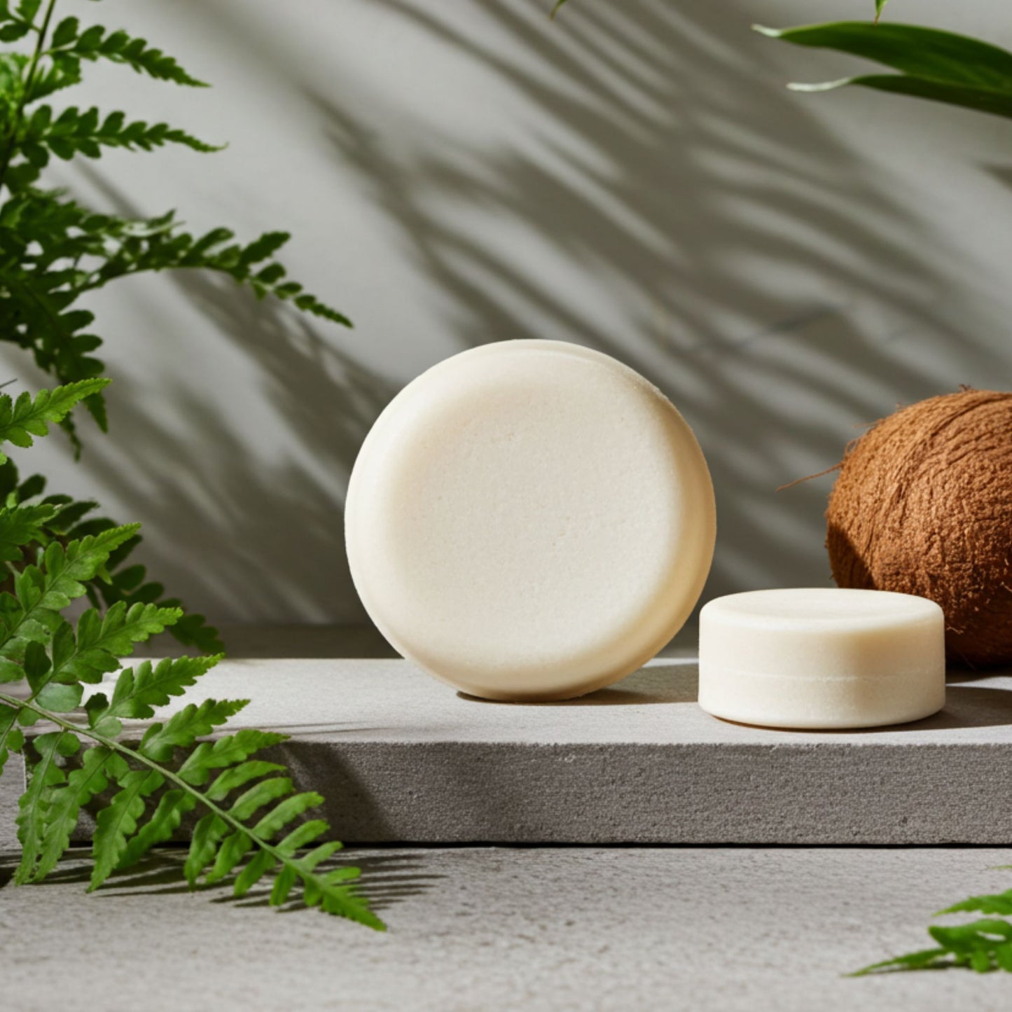 Two round white shampoo bars on a stone surface with a coconut and green leaves in the background.