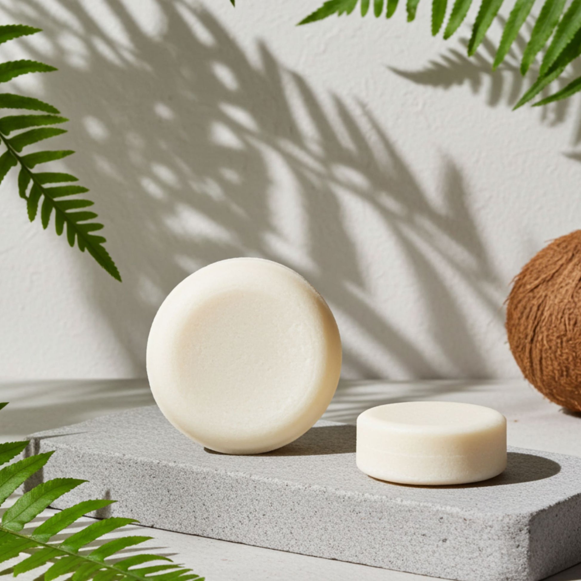 Two shampoo bars on a concrete surface with green leaves in the background