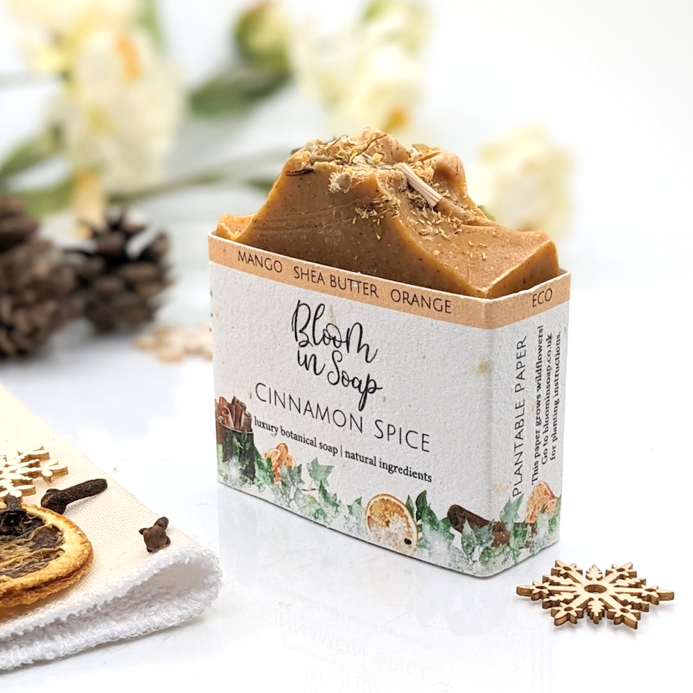 Cinnamon Spice soap with a plantable label from Bloom In Soap