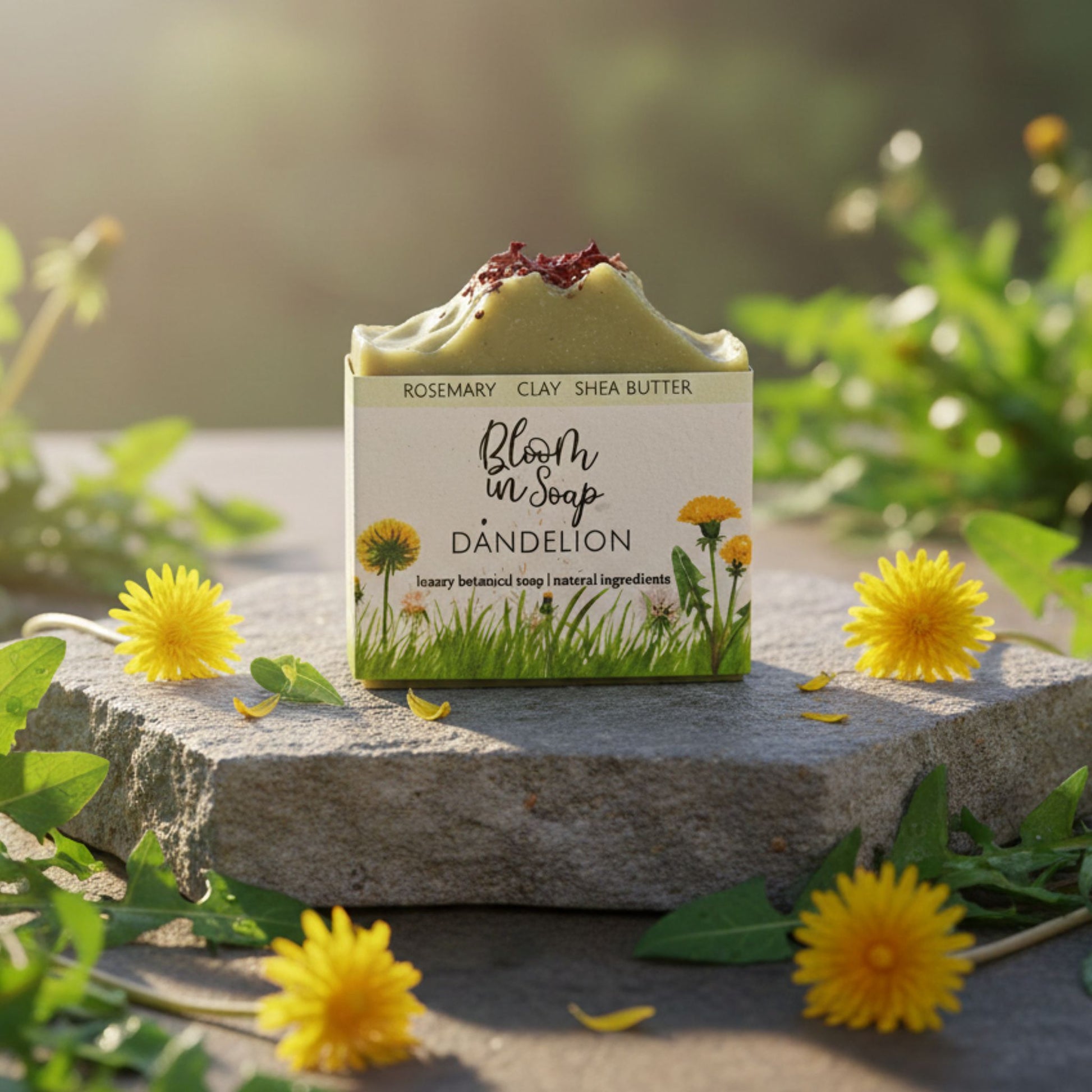Bar of soap with 'Bloom in Soap' packaging on a stone surface surrounded by dandelions.