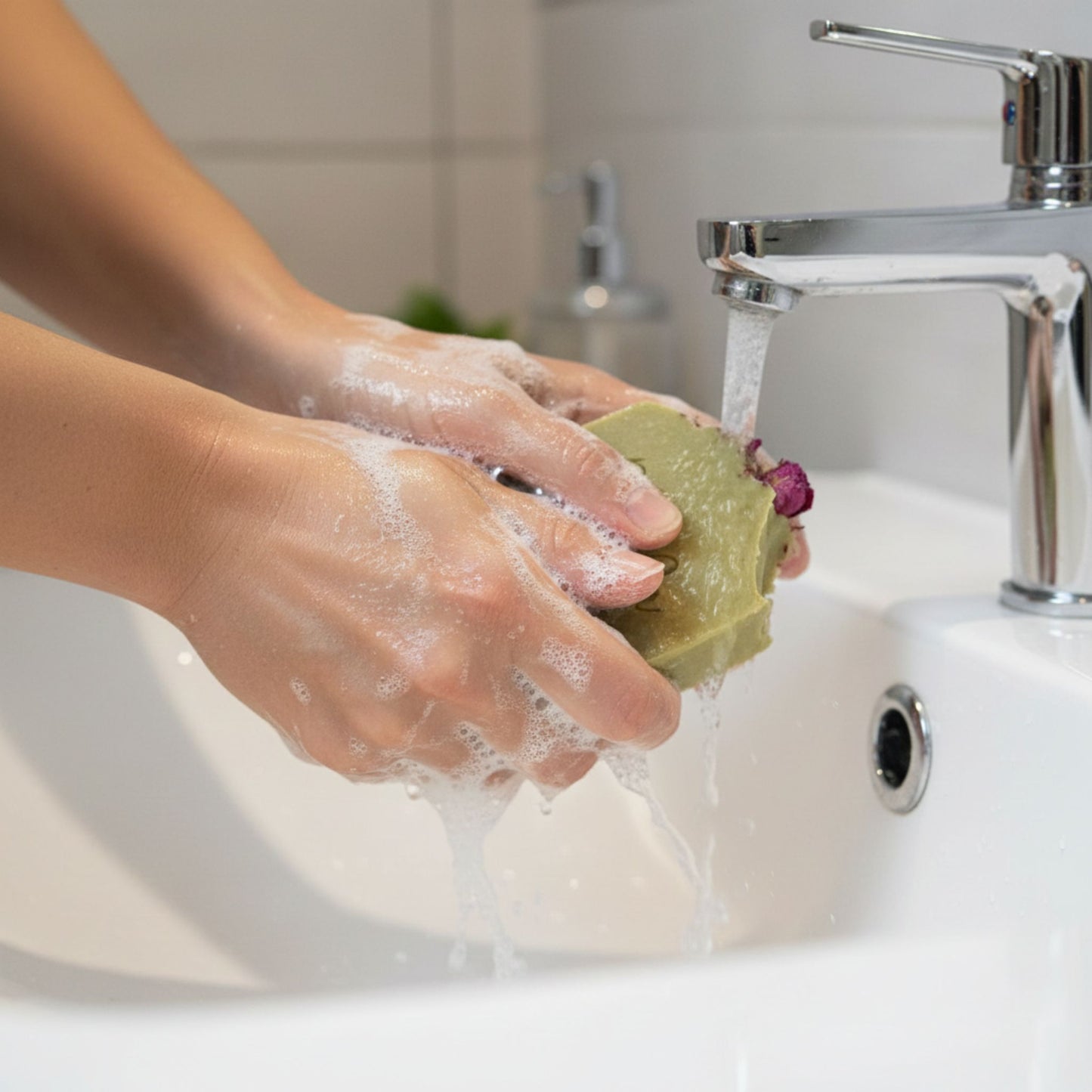 Person washing hands with soap under running water in a sink.