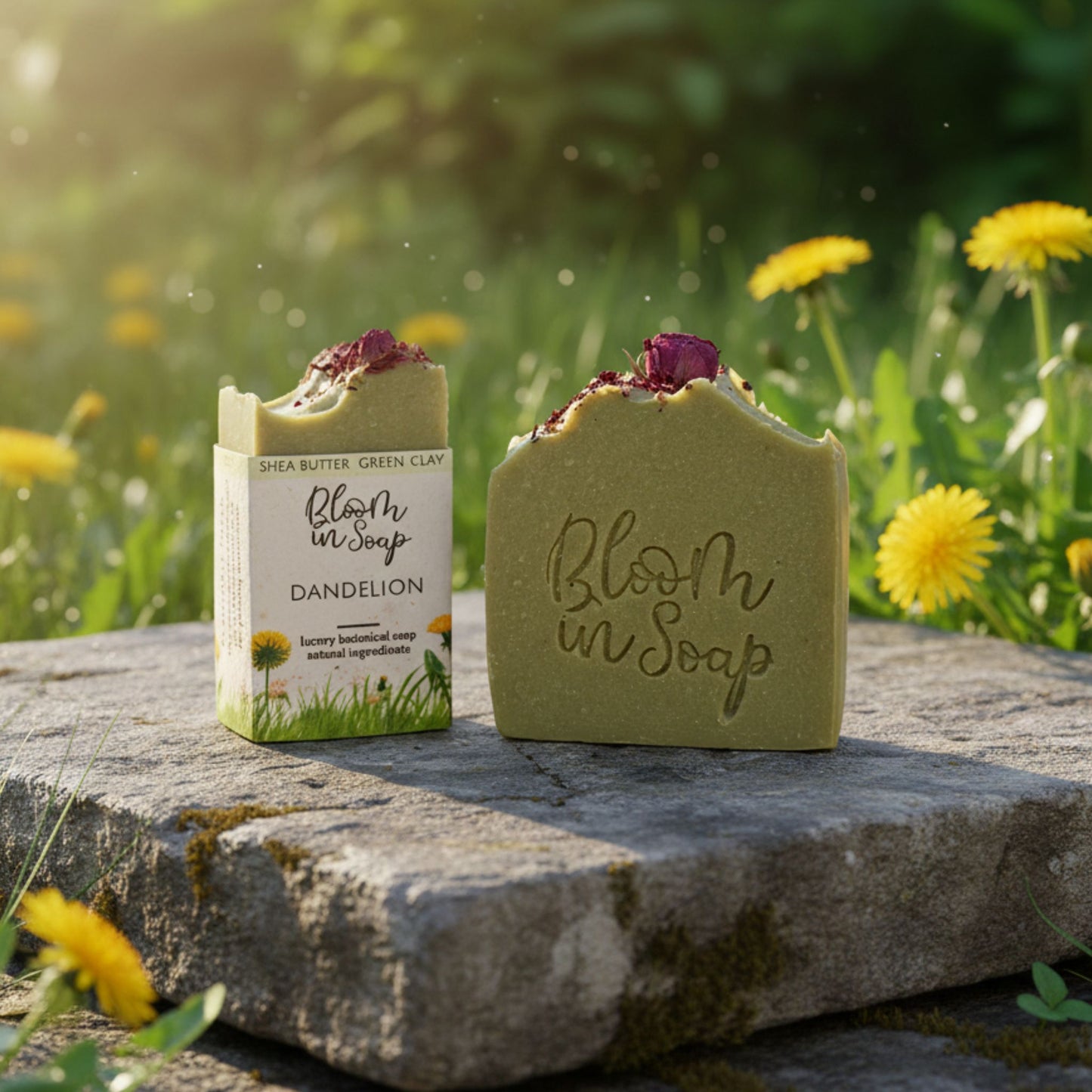 Bloom in Soap bar and packaging on a stone surface with dandelions in the background