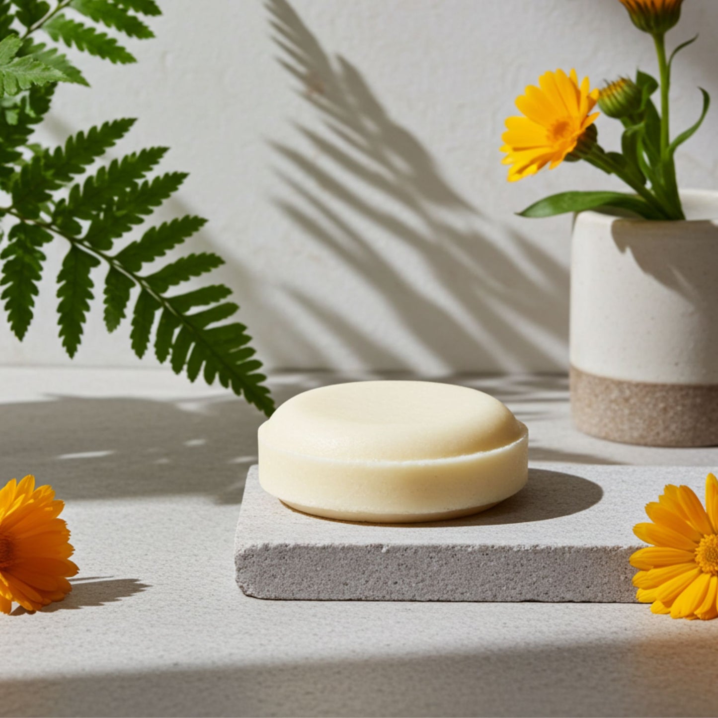 shampoo bar on a stone with calendula flowers and a fern in the background